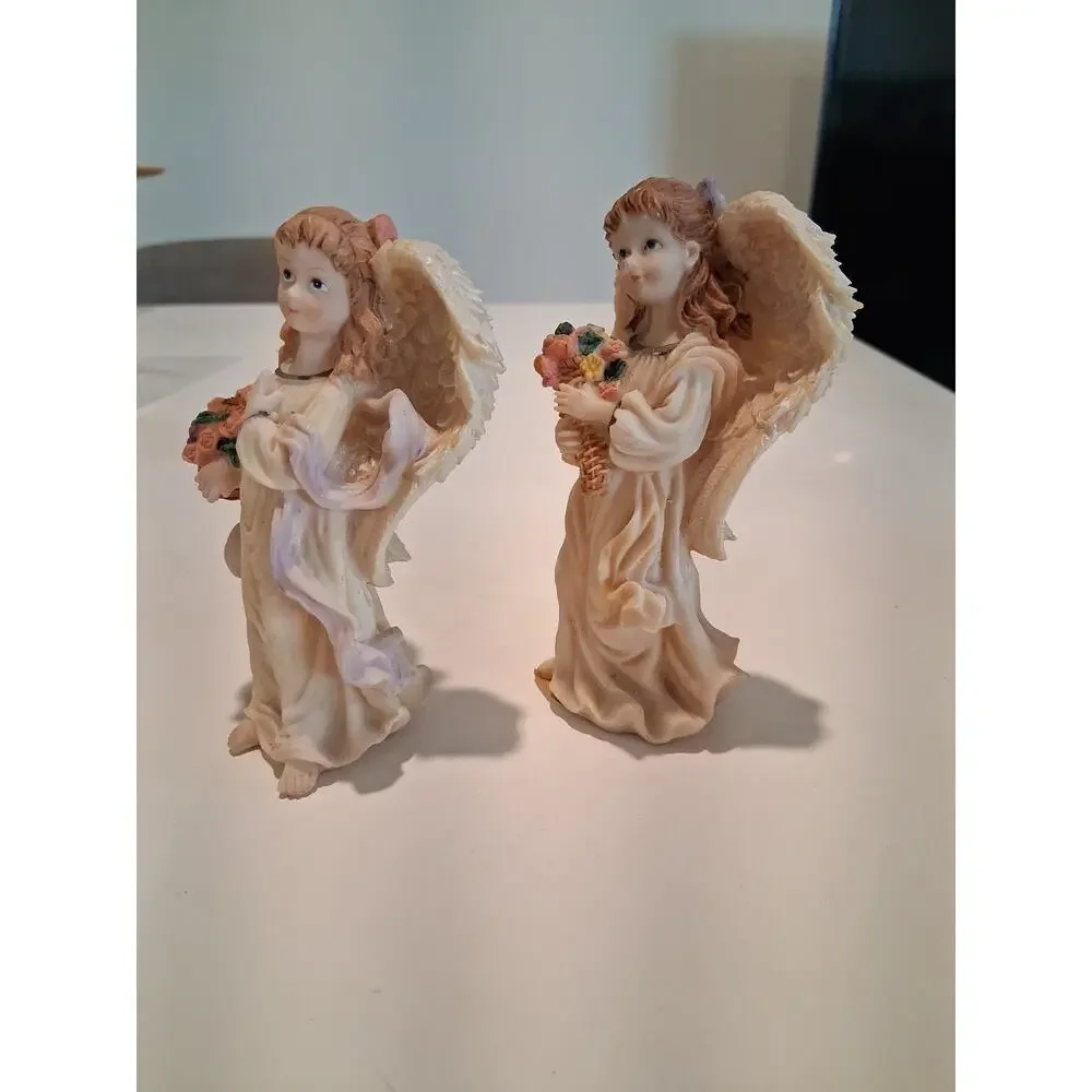 Vintage Resin Angel Figurines Lot Of 2 Guardian Angels With Flowers Basket...